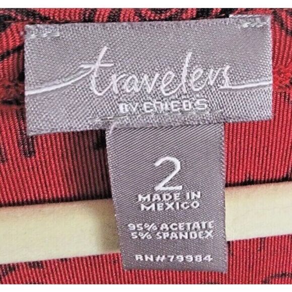 Chico's Travelers‎ 2 Pullover Top Red/Black Abstract Print Long Sleeves Stretch - Picture 4 of 4